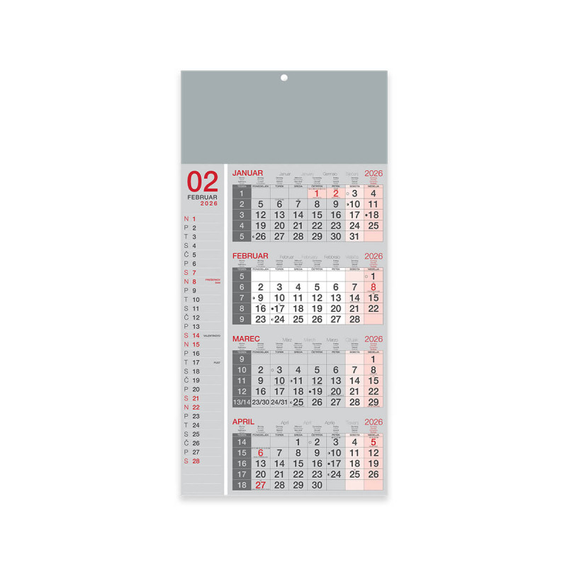 Stenski koledar, 4-mesečni poslovni, lepljen, siv, 2026, 201241-2, 30 x 63