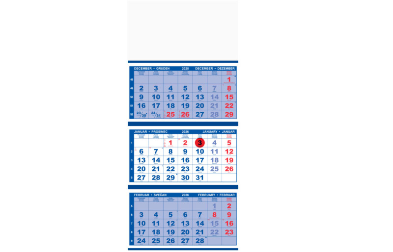 Stenski tri-delni koledar, lepljen, s perforacijo, moder, 2026