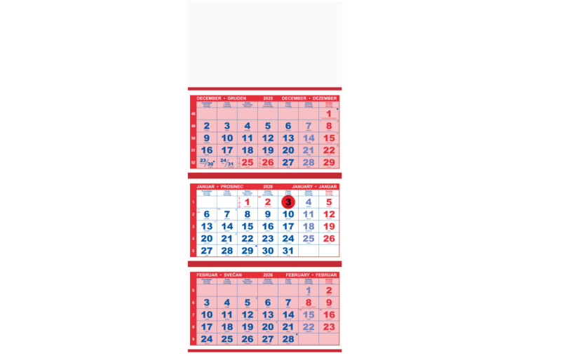Stenski tri-delni koledar, lepljen, s perforacijo, rdeč, 2026
