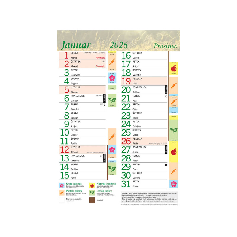 Stenski setveni koledar 2026, mehka vezava, 23 x 33 cm
