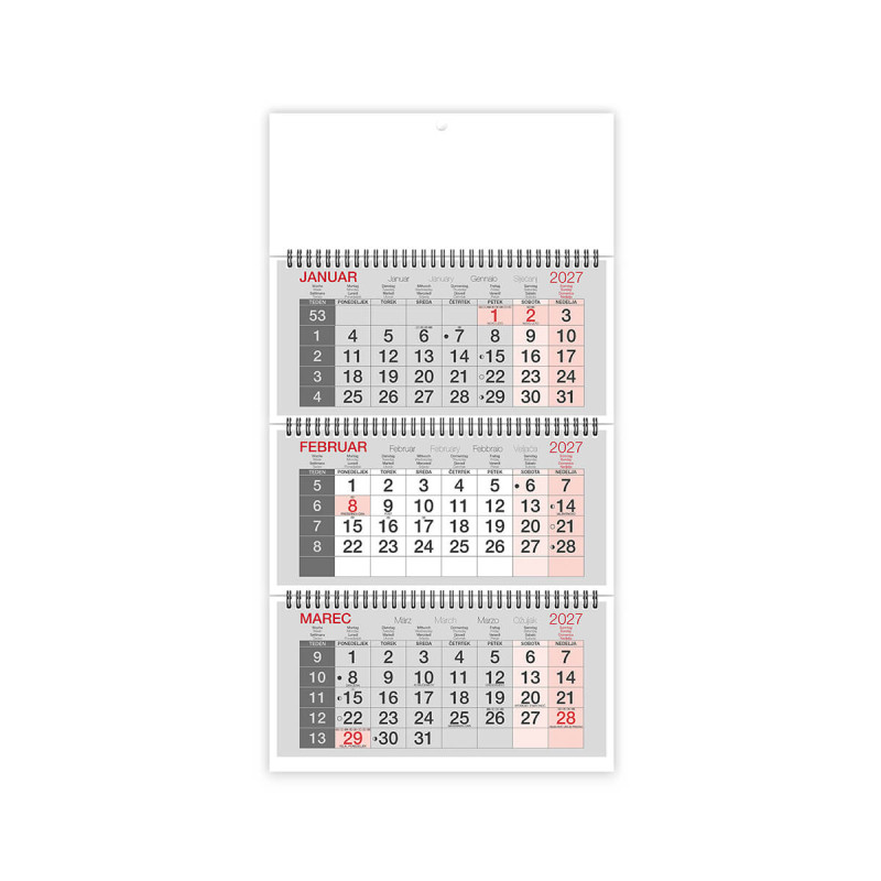 Stenski koledar, Poslovni 3-delni, špirala, bel, 2027, 201223-0, 30 x 63