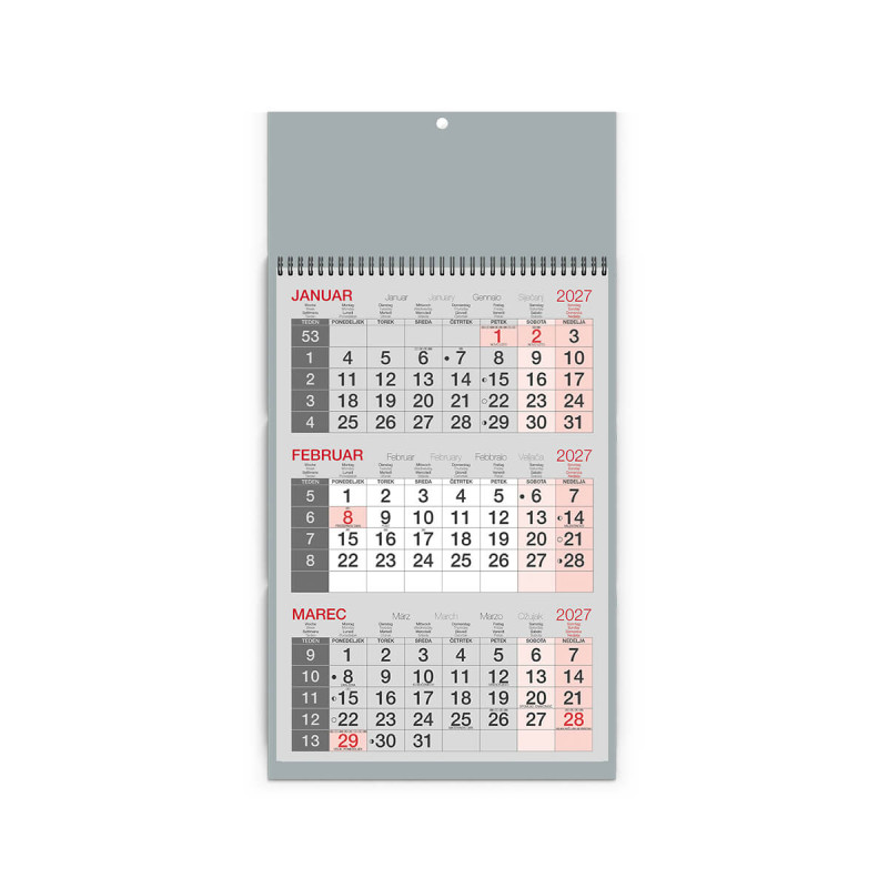 Stenski koledar, 3-mesečni poslovni, špirala, siv, 2027, 201238-2, 30 x 63