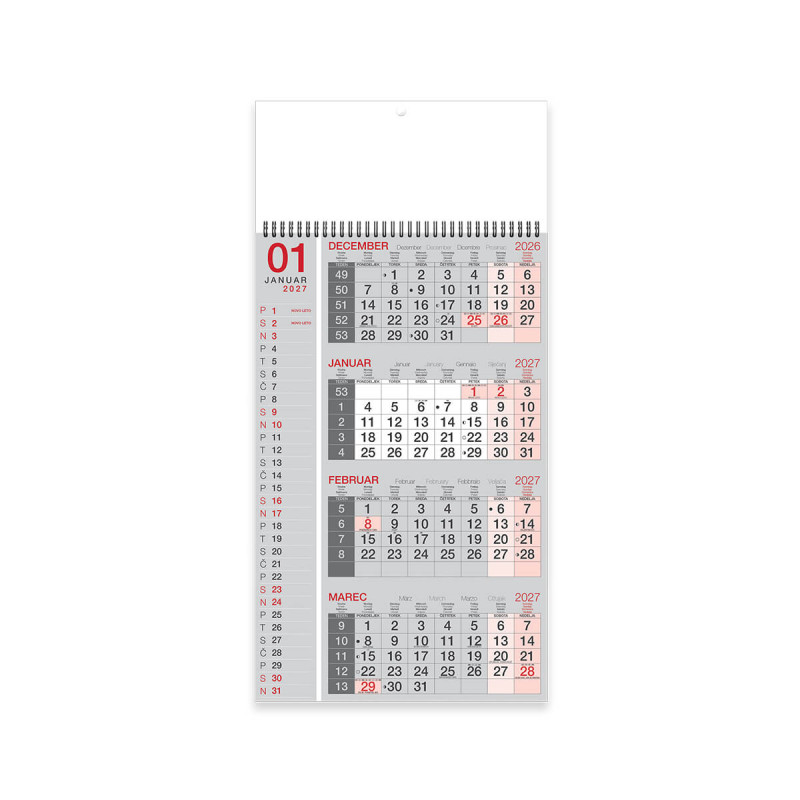 Stenski koledar, 4-mesečni poslovni, špirala, bel, 2027, 201240-0, 30 x 63