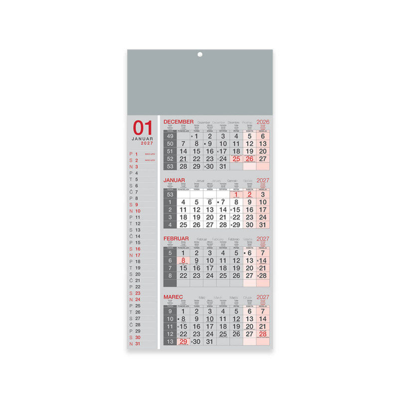 Stenski koledar, 4-mesečni poslovni, lepljen, siv, 2027, 201241-2, 30 x 63