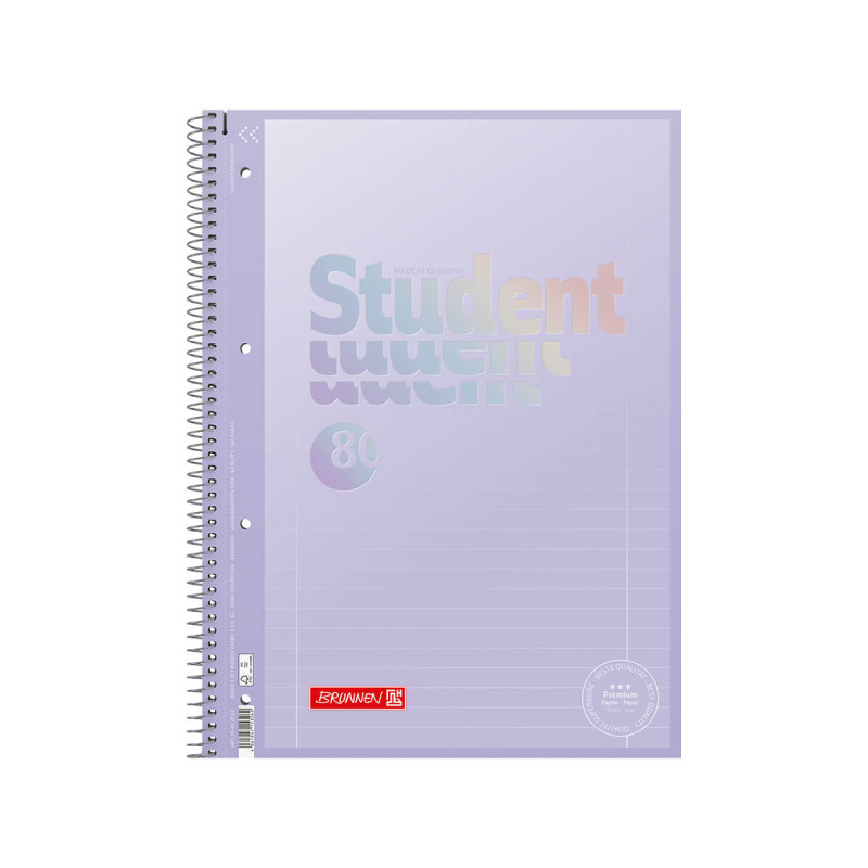 Špiralni zvezek, Brunnen, Premium Student, pastelno lila, A4, črtan, 80 listni