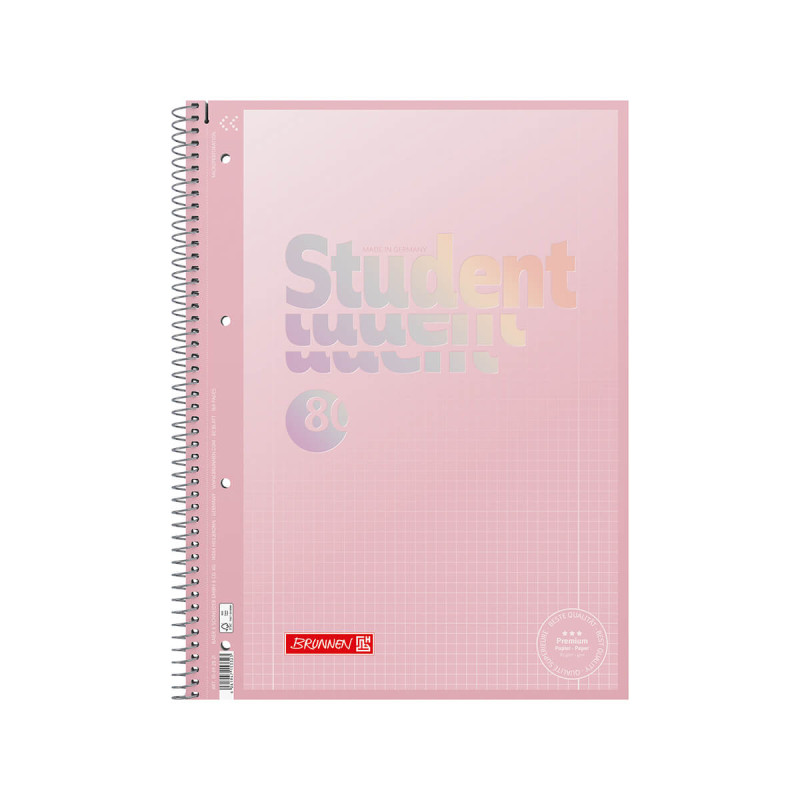Špiralni zvezek, Brunnen, Premium Student, pastelno lila, A4, mali karo, 80 listni