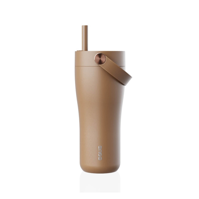 Eleganten velik termo lonček Carry z zložljivo slamico + ščetka za čiščenje slamice 600 ml, toffee