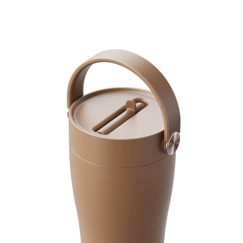 Eleganten velik termo lonček Carry z zložljivo slamico + ščetka za čiščenje slamice 600 ml, toffee