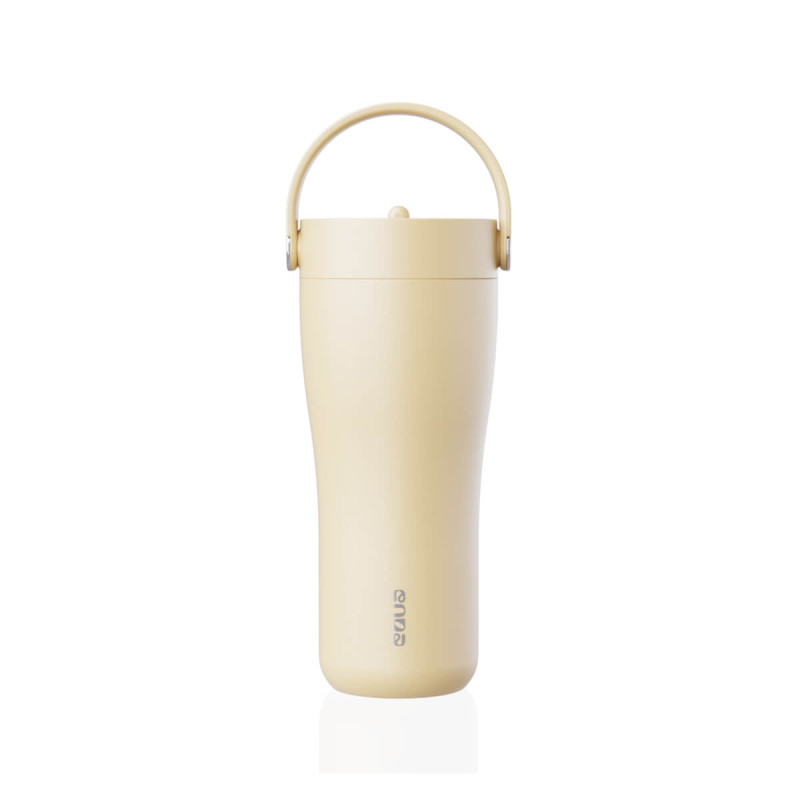 Eleganten velik termo lonček Carry z zložljivo slamico + ščetka za čiščenje slamice 600 ml, butter