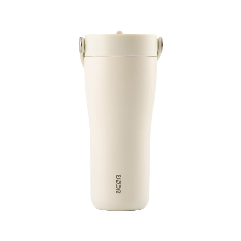 Eleganten velik termo lonček Carry z zložljivo slamico + ščetka za čiščenje slamice 600 ml, sand
