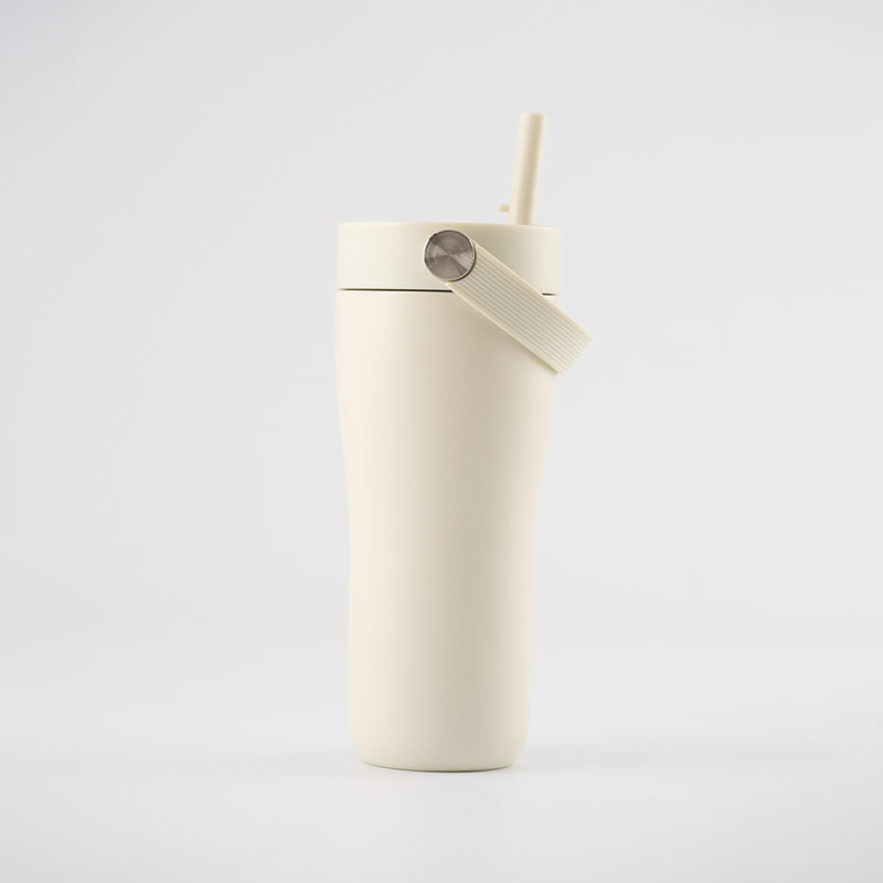 Eleganten velik termo lonček Carry z zložljivo slamico + ščetka za čiščenje slamice 600 ml, sand