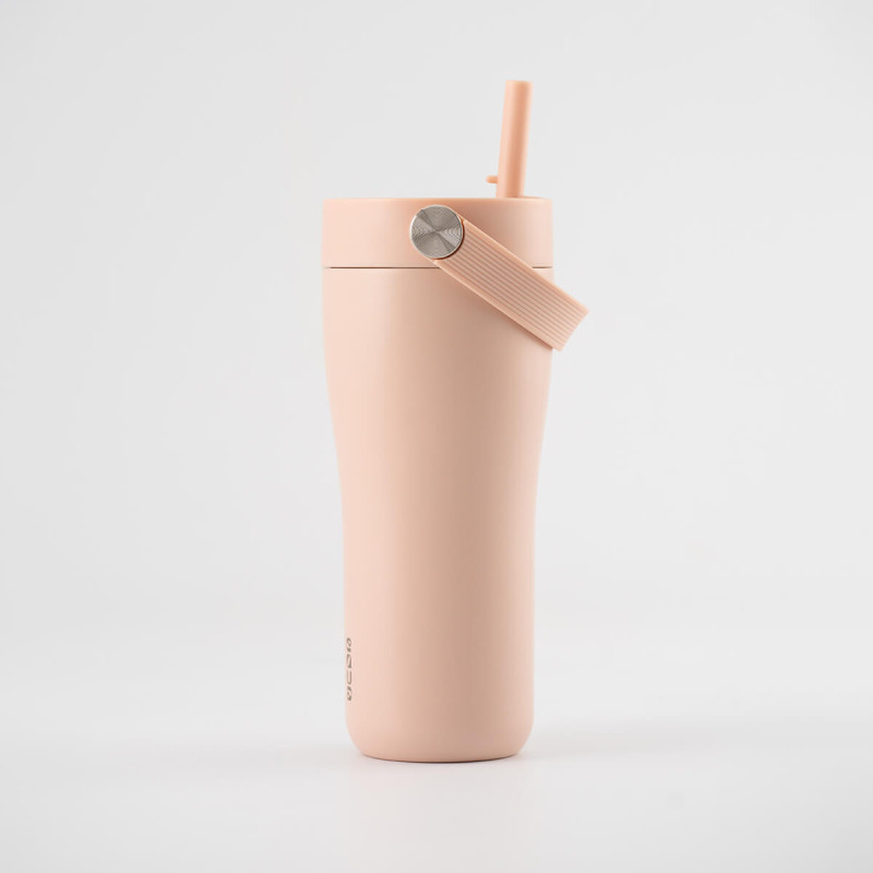 Eleganten velik termo lonček Carry z zložljivo slamico + ščetka za čiščenje slamice 600 ml, rose