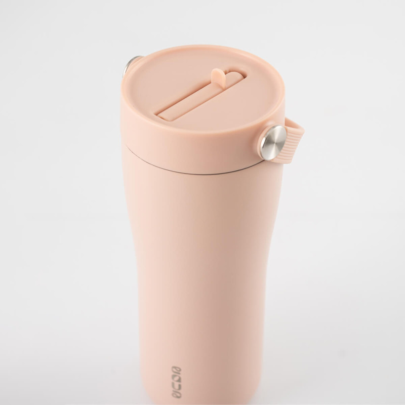 Eleganten velik termo lonček Carry z zložljivo slamico + ščetka za čiščenje slamice 600 ml, rose