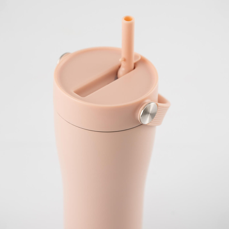 Eleganten velik termo lonček Carry z zložljivo slamico + ščetka za čiščenje slamice 600 ml, rose