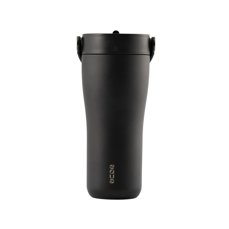 Eleganten velik termo lonček Carry z zložljivo slamico + ščetka za čiščenje slamice 600 ml, black