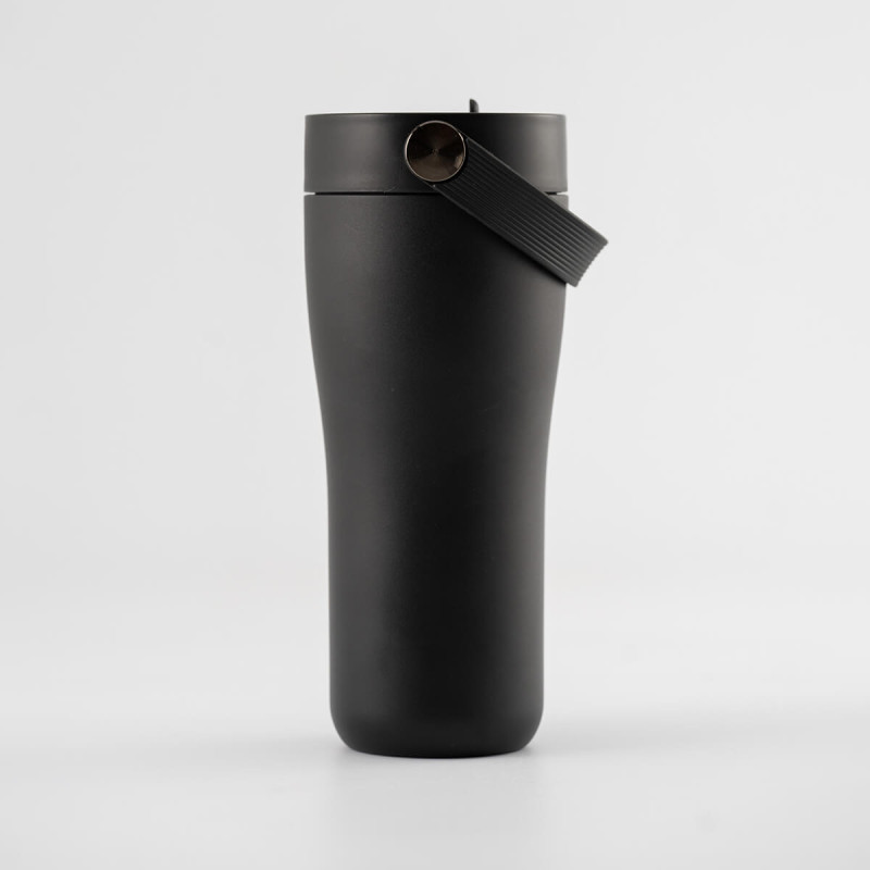 Eleganten velik termo lonček Carry z zložljivo slamico + ščetka za čiščenje slamice 600 ml, black