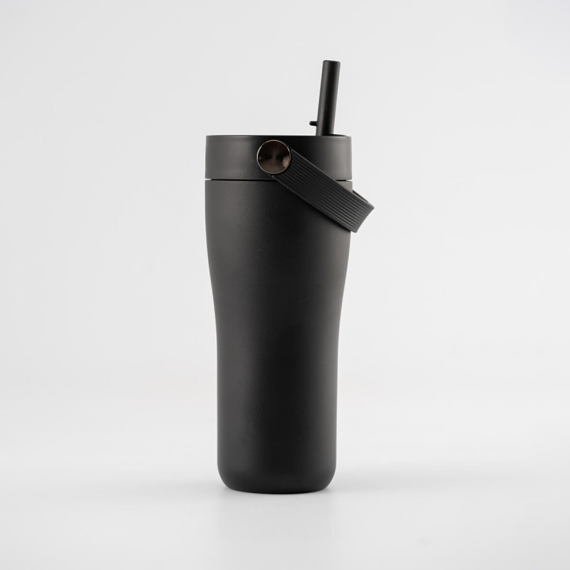 Eleganten velik termo lonček Carry z zložljivo slamico + ščetka za čiščenje slamice 600 ml, black