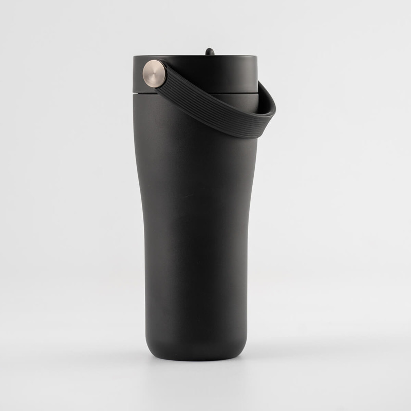 Eleganten velik termo lonček Carry z zložljivo slamico + ščetka za čiščenje slamice 600 ml, black