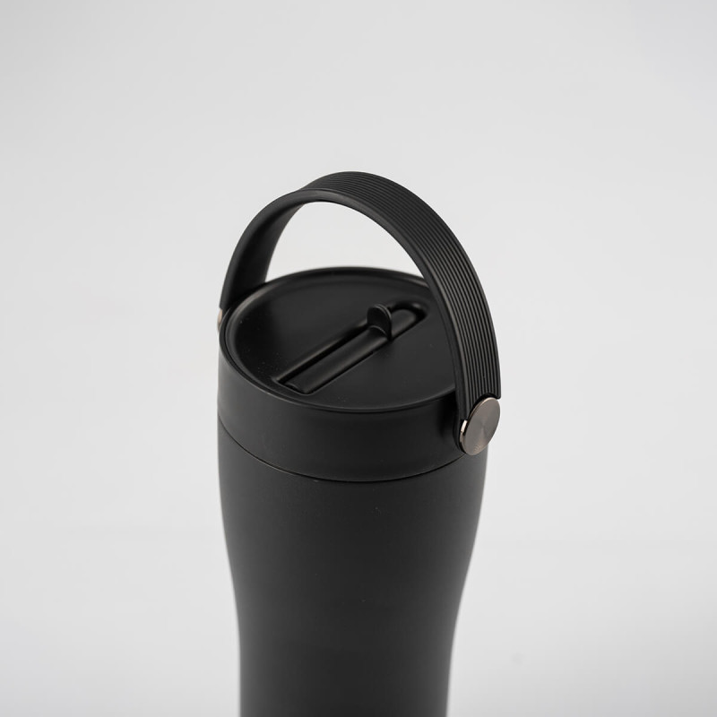 Eleganten velik termo lonček Carry z zložljivo slamico + ščetka za čiščenje slamice 600 ml, black