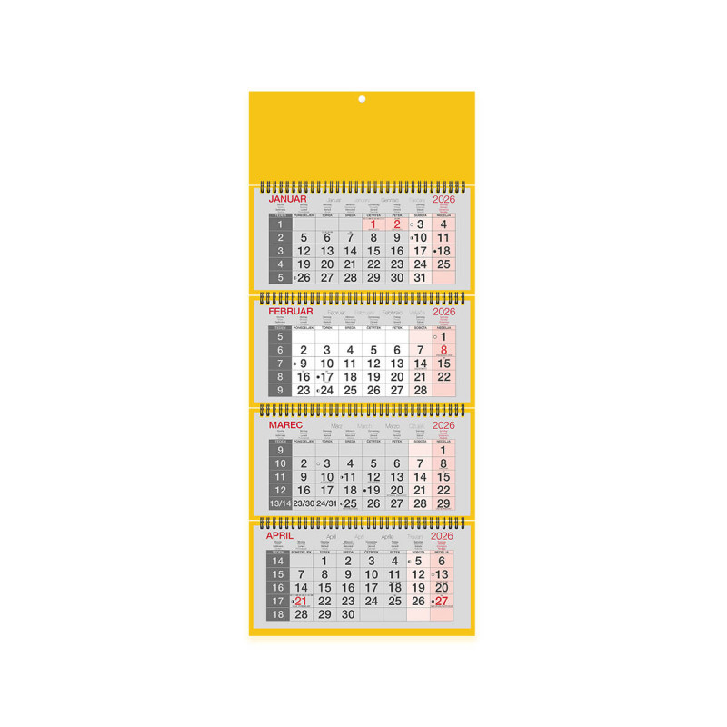 Stenski koledar, Poslovni 4-delni, špirala, rumen, 2026, 201225-3, 30 x 79