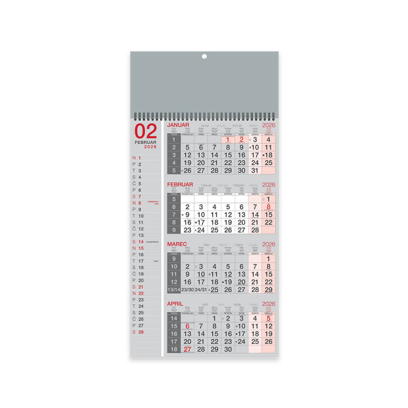 Stenski koledar, 4-mesečni poslovni, špirala, siv, 2026, 201240-2, 30 x 63