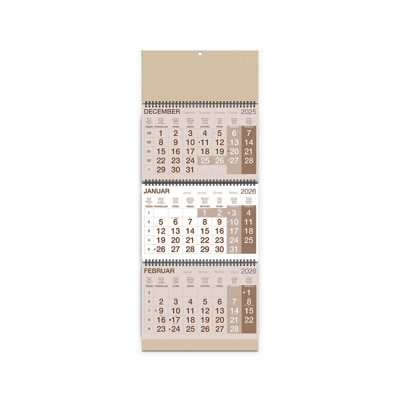 Stenski koledar, Poslovni 3-delni, špirala, specialen karton, bež, 2026, 201243-3, 25 x 67
