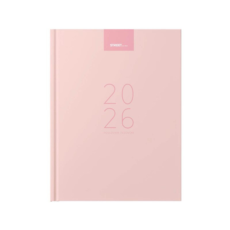 Poslovnik, tedenski z datumi, 20 x 26,9 cm, črte, 192 strani, 80g beli papir, roza, 2026