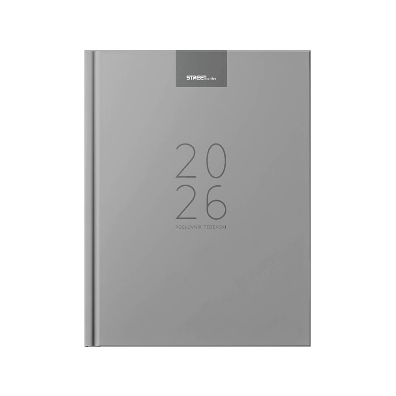 Poslovnik, tedenski z datumi, 20 x 26,9 cm, črte, 192 strani, 80g beli papir, siv, 2026