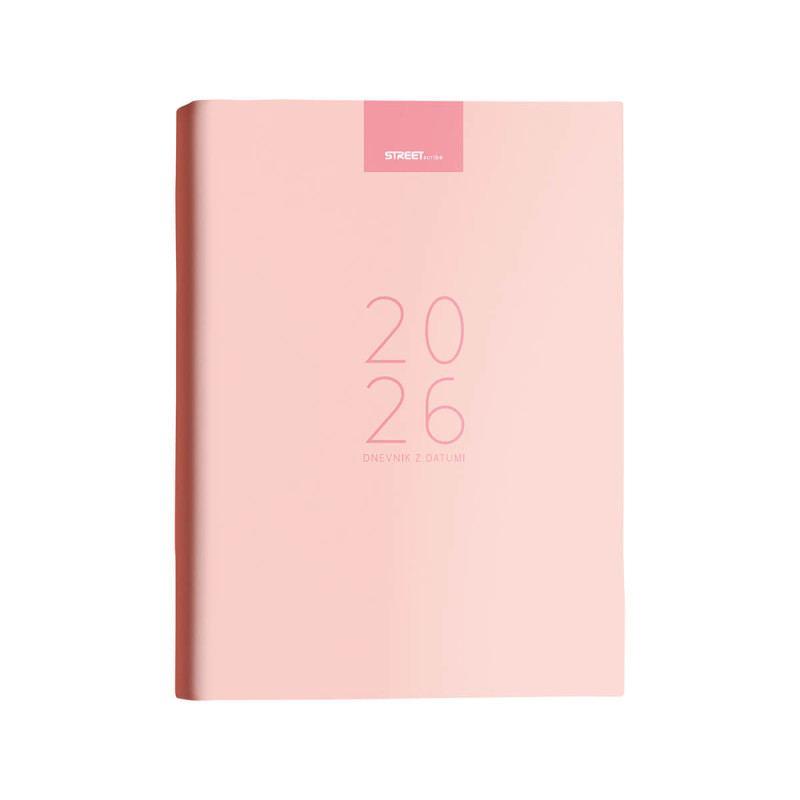 Dnevnik, z datumi, 17,2 x 24,3 cm, črte, 192 strani, 80g beli papir, roza, 2026