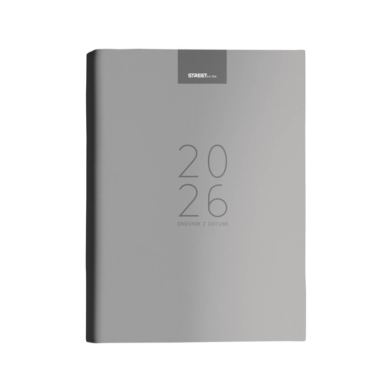 Dnevnik, z datumi, 17,2 x 24,3 cm, črte, 192 strani, 80g beli papir, siv, 2026