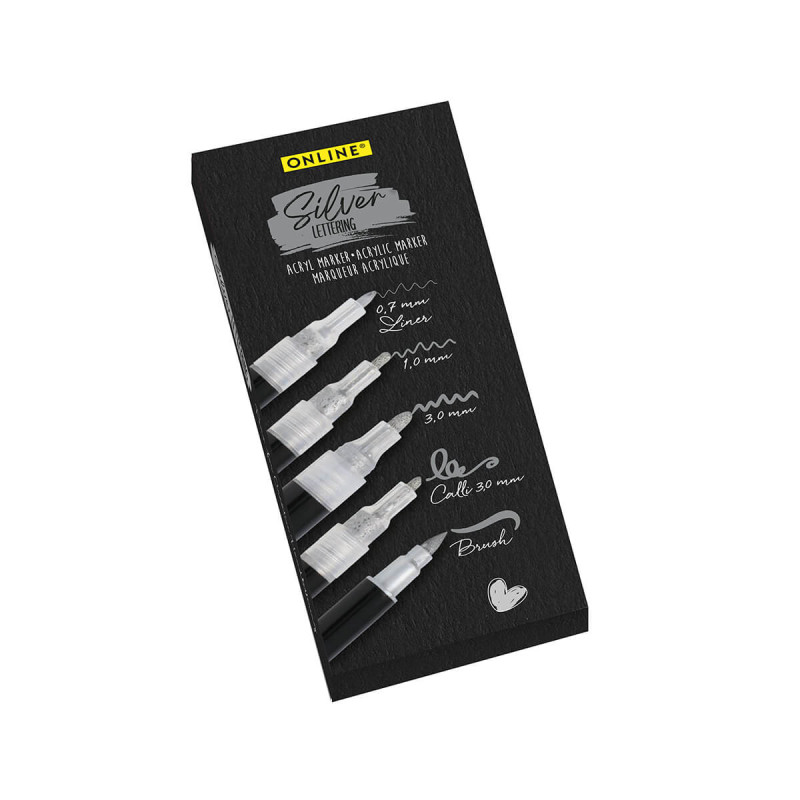 Flomastri Online, Silver Lettering, 5 kos, v kartonski embalaži