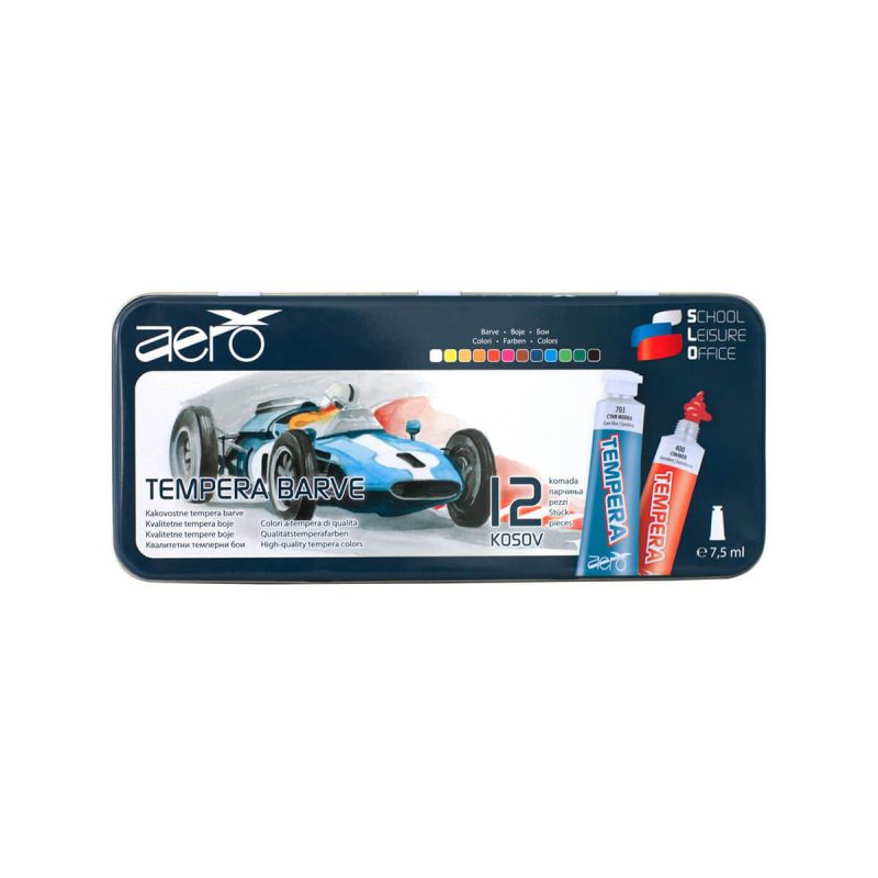Tempera barve, Aero, 12 kom, v kovinski škatli
