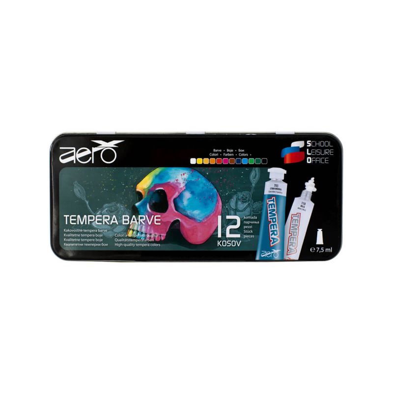 Tempera barve, Aero, 12 kom, v kovinski škatli