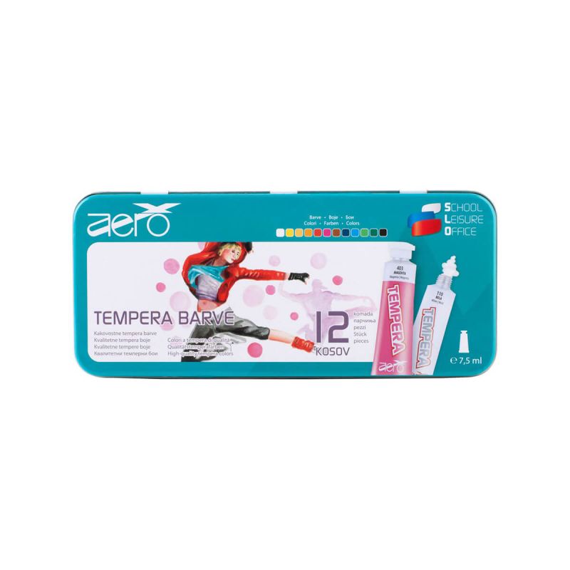 Tempera barve, Aero, 12 kom, v kovinski škatli