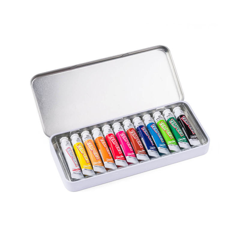 Tempera barve, Aero, 7,5 ml, 12 kom v kovinski škatli, motiv A