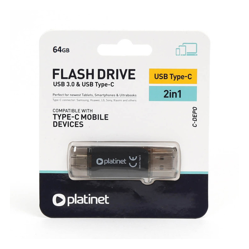 USB ključ Platinet 64GB 3.2 + type C, 2v1, črn