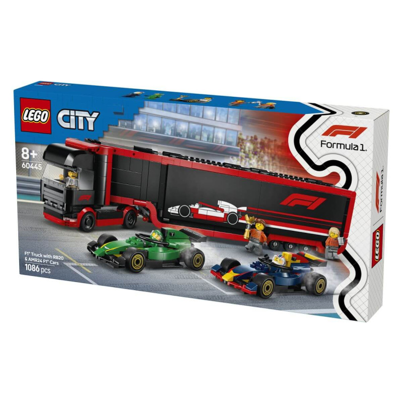 LEGO  City 60445 Tovornjak F1 z dirkalnikoma F1 RB20 in AMR24