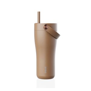 Eleganten velik termo lonček Carry z zložljivo slamico + ščetka za čiščenje slamice 600 ml, toffee
