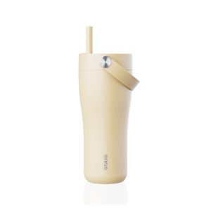 Eleganten velik termo lonček Carry z zložljivo slamico + ščetka za čiščenje slamice 600 ml, butter