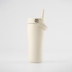 Eleganten velik termo lonček Carry z zložljivo slamico + ščetka za čiščenje slamice 600 ml, sand