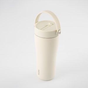 Eleganten velik termo lonček Carry z zložljivo slamico + ščetka za čiščenje slamice 600 ml, sand
