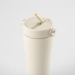 Eleganten velik termo lonček Carry z zložljivo slamico + ščetka za čiščenje slamice 600 ml, sand