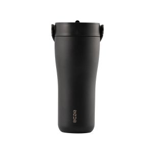 Eleganten velik termo lonček Carry z zložljivo slamico + ščetka za čiščenje slamice 600 ml, black