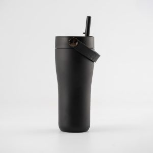 Eleganten velik termo lonček Carry z zložljivo slamico + ščetka za čiščenje slamice 600 ml, black