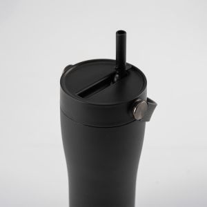 Eleganten velik termo lonček Carry z zložljivo slamico + ščetka za čiščenje slamice 600 ml, black
