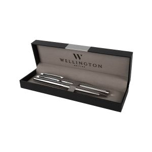 Pisalni set Wellington, vsebuje kemični svinčnik in rollerball, v darilnem pakiranju, srebrn.