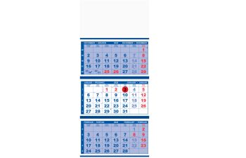 Stenski tri-delni koledar, lepljen, s perforacijo, moder, 2026