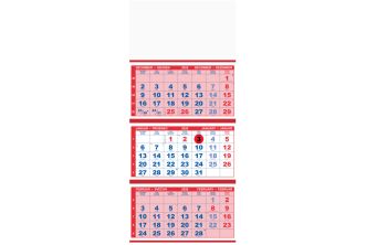 Stenski tri-delni koledar, lepljen, s perforacijo, rdeč, 2026