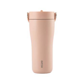 Eleganten velik termo lonček Carry z zložljivo slamico + ščetka za čiščenje slamice 600 ml, rose