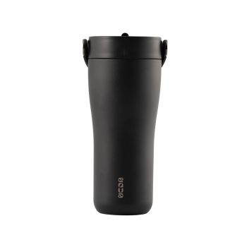 Eleganten velik termo lonček Carry z zložljivo slamico + ščetka za čiščenje slamice 600 ml, black